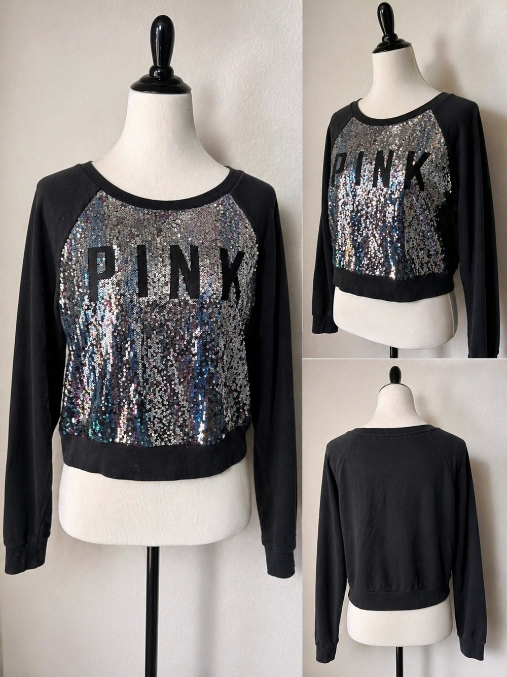 Vintage Rare Victoria’s Secret PINK Sequin Sweatshirt Black Sparkly  Crewneck